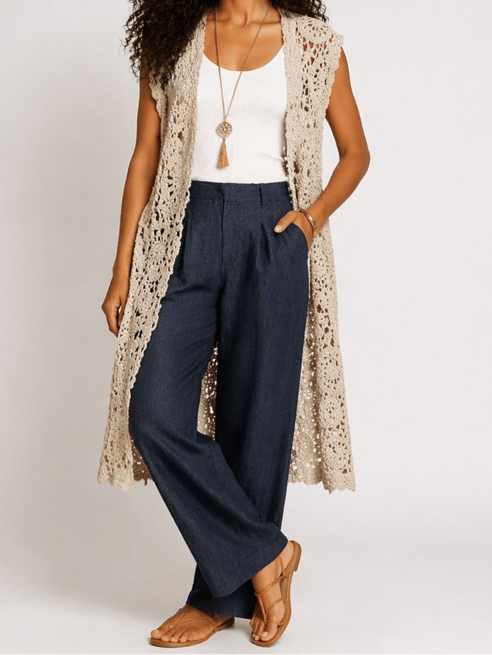 Crochet Sleeveless Long Swim Coverup in Beige